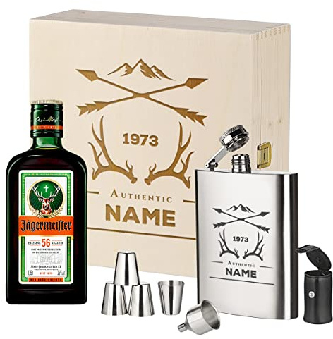 polar-effekt Kräuterschnapps Geschenkset - 3-Teilig - Deutsche Herstellung - Jägermeister Flasche - Flachmann aus Edelstahl - 4 Schnappsbecher - 1 Trichter - 1 Ledertasche - personalisiert
