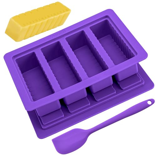 Butter Mold with Lid, Silicone Butter Tray Container with Spatula, Non-Stick Silicone Butter Molds for Making 4 Stick Forms Herbal Butter, Homemade Butter, Garlic Butter, Easy Release (Purple)