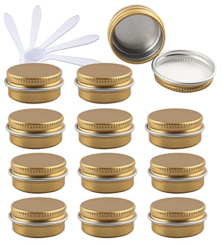 ZEOABSY 12 Pieces 10ml Gold Empty Round Aluminium Tins with Screw Lids Storage Jars Cosmetics Containers Pots for Candle Lip Balm Salve Powder Crafts with 6 Spatula