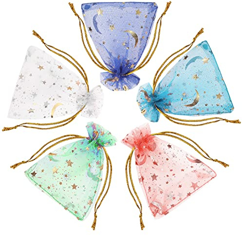 Grevosea 100 Pieces Organza Gift Bags, 7x9cm Moon Stars Organza Bags Mesh Gift Bags with Drawstring Jewelry Favor Pouches Christmas Candy Bags for Wedding Party Valentine's Day