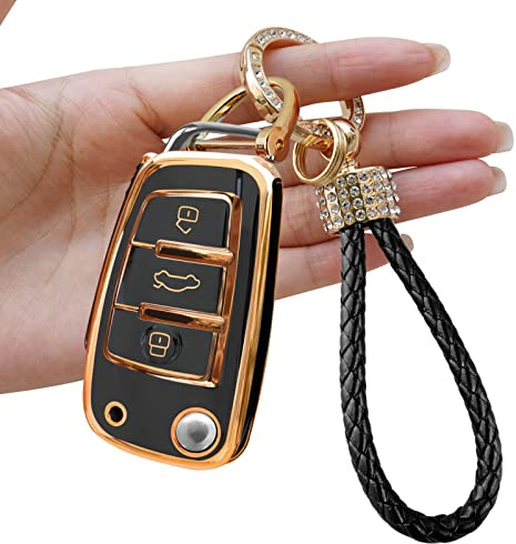 Yumzeco Silicone TPU Autoschlüssel Hülle Cover, 3 Tasten Autoschlüssel Cover Kompatibel mit A1 A3 A4 A5 A6 Q3 Q5 Q7 S3 S4 RS5 RS6 TT, Auto Keyless Smartkey Schutzhülle mit Schlüsselbund(Schwarz)