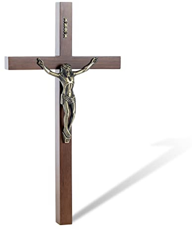 DCCXN Crucifix Wall Cross, Solid Wooden Catholic Jesus Christ Crosses for Home Decor - 12 Inch Oak + Antique Brass
