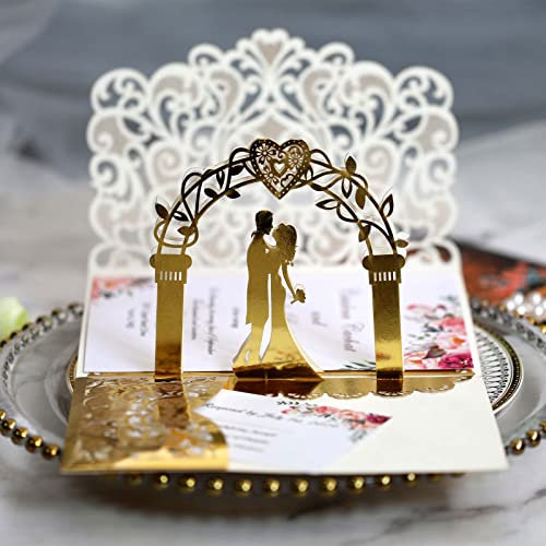 EBRO Pop Up Karte Hochzeit, Hochzeitskarte Brautpaar 3d mit Weiß Umschlag, Hochzeitskarten für Standesamt & Kirchliche Trauung - Romantische Glückwunschkarte zum Hochzeitstag (Gold)