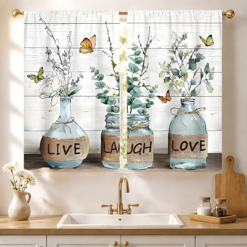 Famiffty Eukalyptus-Küchenvorhänge, 70 x 99 cm, 2 Paneele, Stangentasche, Bauernhaus, rustikal, botanisch, Vintage, grünes Blatt, kleine Café-Vorhang, Pflanzflasche, Holz, Fenstervorhänge, Behandlung,