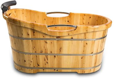 PureHaven freistehende Holzbadewanne 150x67x82 cm aus Zedernholz 150 L ergonomische Formgebung pflegeleichte Oberfläche verstärkter Rahmen mit Ablauf