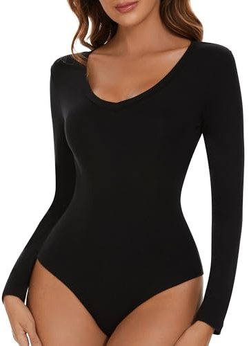 SHAPERIN Body Manica Lunga Donna Scollo a V Bodysuit Tops Elegante Long Sleeve Body Suits V Neck Women Sexy Nero L