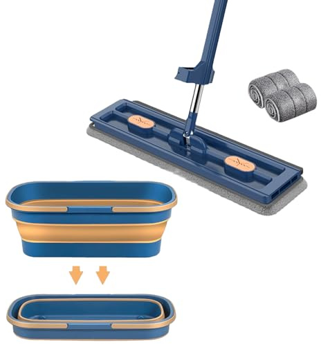 Kit Balai Serpillère Et Seau, Grande Serpillière Plate avec 2 Tampons en Fibre Super Absorbants Et Utilisation Humide Et Sèche, Balai Plat Réglable Rotative À 360 avec Seau Pliable À Roulette