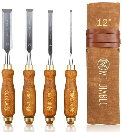 Mt Diablo Woodworking Tools 4 Piece Chisel Set - Premium CV60 Steel Wood Chisel Sets with Ergonomic Handles, Includes 1/4 1/2 3/4 1 Widths - Ideal for Woodworkers - Durable Waxed Canvas Tool Roll