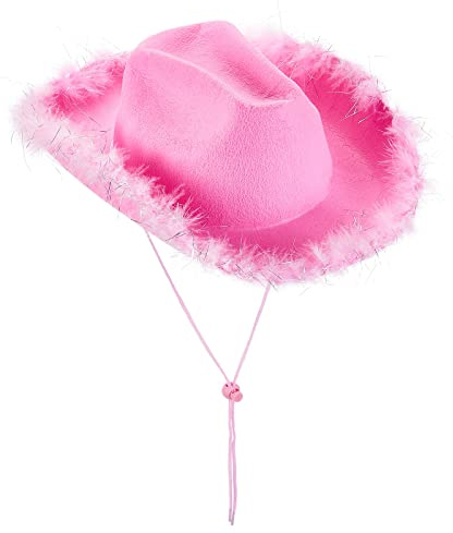 Aunaeyw Damen Cowgirl-Hut, Cowboyhüte, flauschige Federkrempe, Hut für Junggesellenabschied, Halloween, Cosplay, Verkleiden, Party, Rollenspiel (Pink03, 32 x 42 x 18 cm), Einheitsgröße