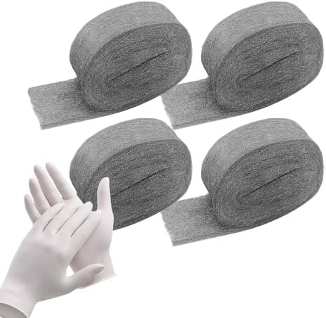 Ekunbuy Steel Wool, Quality Mild Steel-Ideal for Cleaning Porcelain, Tile, Grout, Shower Doors and Final Finish,Included Gloves(0#-Fine Grade, 4)