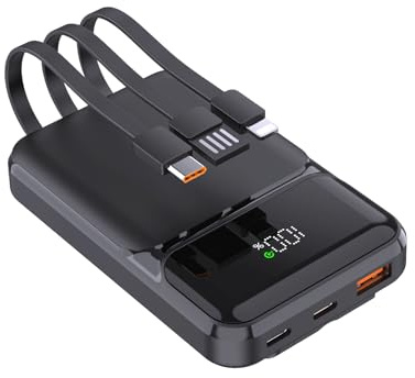 Powerbank 10000 mAh PD 22,5 W QC 4.0 snabbladdning USB-C-utgångar med integrerade snabbladdningskablar bärbar laddare batteripaket kompatibel med iPhone Samsung Google Pixel LG (Svart)