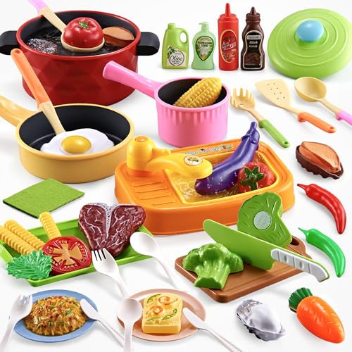 Kopi Corgi Kids Pretend Play Kitchen Accessories Set, 47PCS Role Play Toy Accessories with Cookware Pot & Pan & Sink Sets for Boys & Girls Age 3+