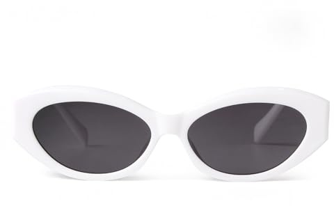 Laurinny Retro Oval Sonnenbrille für Damen Herren Vintage Katzenauge Sonnenbrille 90er Schmale Cateye Frame(Weiß/Grau)