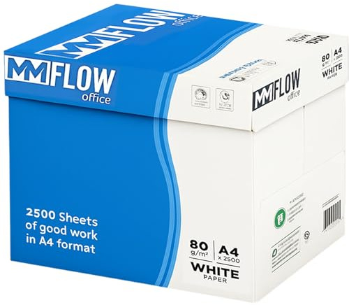 MM FLOW Office Carta A4 per stampante 80gr (210 mm x 297 mm) - Confezione da 5 Risme da 500 Fogli - Carta Per Stampante, Ufficio, Casa, Fotocopie, Multiuso - Bianca