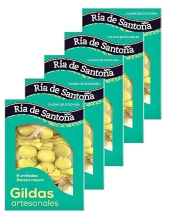 Gildas con anchoas de Santoña 6 uds, PACK 5 BANDEJAS. Con guindilla, aceitunas rellenas, anchoas, aceite de girasol y sal. Ideal para aperitivos, marida con cerveza o txakoli.
