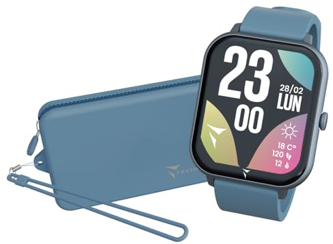 TECHMADE Smartwatch Glow, orologio digitale con pochetta incluso, schermo rettangolare full touch, chiamate, notifiche, funzione SOS, sport, compatibile con IOS e android (DARK BLU)