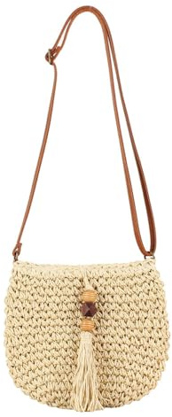 TOFBS Strandtasche Damen Sommer Gewebte Umhängetaschen Tasche Flache Korbtasche mit Quaste und Verstellbaren Schultergurte Boho Stil für Hochzeit Party Strand