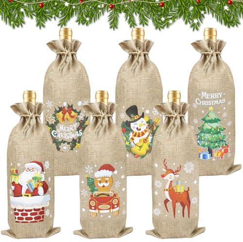 Qunkun: 6 Bolsas para Botellas de Navidad, Decoración Navideña, Envoltorio de Regalo para Botellas de Yute, para Vino, Envoltura de Botellas de Vino, Reutilizables, para