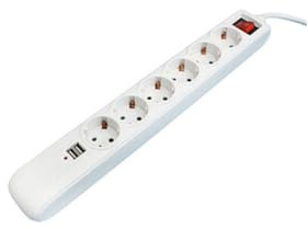 Base multipulsores de 6 Tomas con 2 Puertos USB, Cable de 1.5 m, Color Blanco, Ideal para conectar Dispositivos electrónicos y Cargar Gadgets.