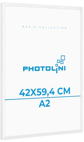 PHOTOLINI Bilderrahmen A2 Weiß, schmaler Kunststoff A2 Bilderrahmen 42x59,4 mit bruchsicherem Acrylglas, Frames zum Aufhängen & Zubehör - 42x60 Dokumentenrahmen Urkunden Zertifikate & Fotos