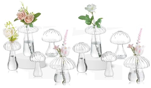 ZhouZGlass Mushroom Flower Vase, Cute Small Flower Vase Set, Small Bud Flower Vases Unique, Mushroom Propagation Hydroponic Vases, Funky Cottagecore Decor for Home Room (Clear, 10 Pcs)