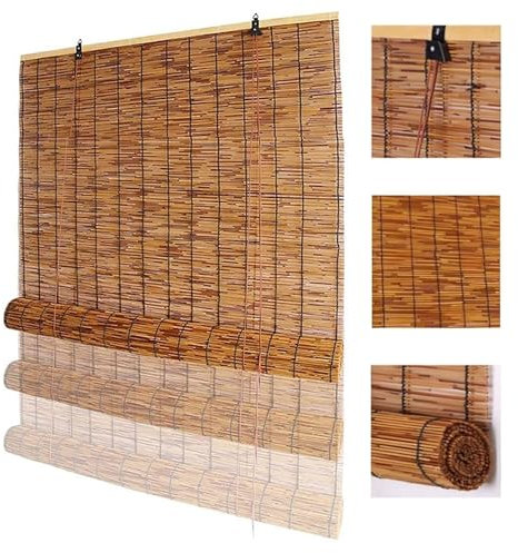 Natürlicher Schilfrohrvorhang mit Heber, Vintage-Dekoration, Bambusrollo, Anti-UV, staubdicht, dekorative Raffrollos, Bambus-Sonnenschutz/Sichtschutz, personalisierbar, mit Zubehör (B 80 x H 170 cm)