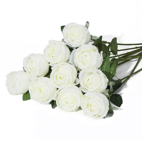 LEUCHTAMOR 10 rose artificiali bianche lattiginose, rose finte realistiche, per bouquet di nozze fai da te, centrotavola per addio al nubilato, composizioni floreali, tavoli per feste, decorazioni per