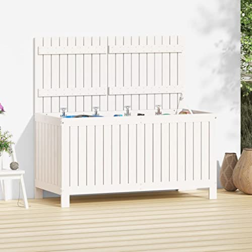 Myheimly Gartentruhe, Gartenbox Latten-Design, Auflagenbox Deckel mit Gasdruckfeder, Aufbewahrungsbox Kissenbox, Massivholz Kiefer Gartentruhe Weiße Kiefer,121 x 55 x 64 cm