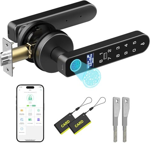 Smart Door Knob Lock with Display Screen, Foxlock 5 in 1 Keyless Biometric Electronic Fingerprint Keyboard Password Bluetooth Door Handle Lock for Home Bedroom Hotel Office Apartment - Black