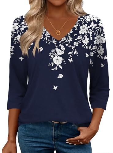 Zeagoo Womens Blouses Dressy Casual 3/4 Length Sleeve Ladies Tops Boho Floral Tshirts Soft Blouses for Women Plus Size L