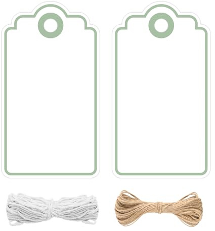 jijAcraft Weiß Geschenkanhänger mit Hellgrün Kante: 5 x 9cm Papier Anhänger zum Beschriften 100 Stück Kraftpapier Etiketten Tags mit Loch und Schnur für Hochzeit, Kommunion, Weihnachten