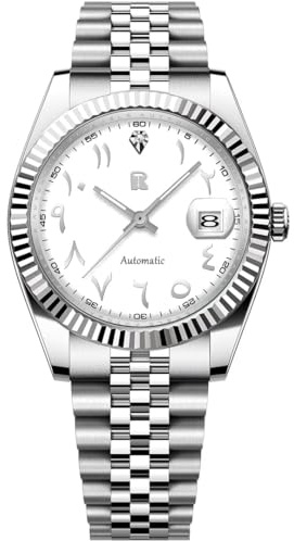 LACZ DENTON RT128 män automatiska mekaniska armbandsur rostfritt stål armband modeklockor för män 50 m vattentät klocka Rollstimi, Vitt, Klassisk