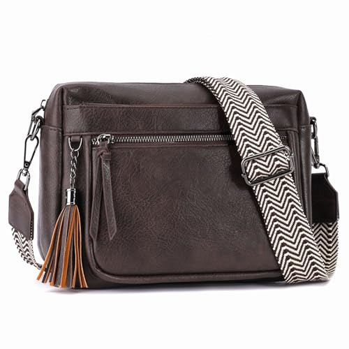 YOVIEE Damen Umhängetasche Vintage Crossbody Bag Premium PU Leder Schulter und Handtasche 3 Reißverschlussfächer Verstellbarer Breiter Gurt Gold Hardware Kompakt für Alltag und Sonderanlässe