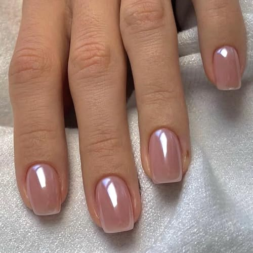 Ceboic Nude Pink French Press on Nails, 24 Stück Glänzend Chrom Nägel Zum Aufkleben Eckig Kurz, Einfarbig Künstliche Nägel Natürlich Full Cover Acrylnägel, Square Fingernägel Fake Nails für Frauen