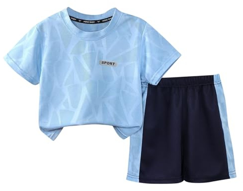 Générique Ensemble Sportif pour garçons Tenue décontractée t-Shirt à Manches Courtes avec Motif et Short adapté aux Loisirs vêtements pour Enfants Mode Estivale (Blue, 7-8 Years)