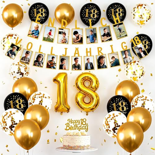 Sunwuun 18.Geburtstag Deko für Jungen & Mädchen,Banner Geburtstagsdeko,Luftballons mit Zahl 18,Schwarz-Weiß-Gold Luftballons,Fotogirlande,Party Deko zum 18. Geburtstag (18)