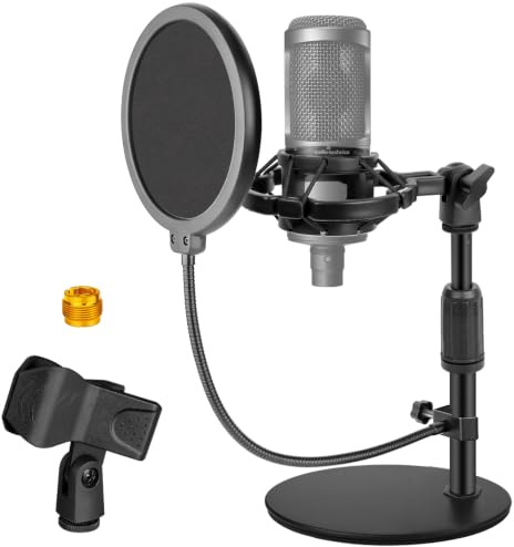 Rigych Mic Stand Desk Adjustable Desktop Microphone Stand with Stable Metal Base, Shock Mount, Pop Filter, Mic Clip, and Mic Adapter for AT2020, HyperX QuadCast, Blue Yeti, Shure SM58
