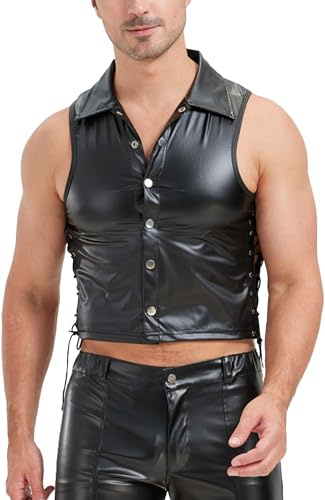 FEOYA Latex skjortor män ärmlös linne undertröja sexig wetlook t-shirt latexliknande män svart PU-läder ärmlös erotiska toppar män topp, A4, S