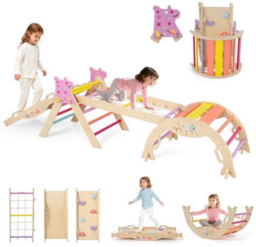 GOPLUS Triángulo de Escalada 9 en 1, Montessori Escalador Infantil Plegable con Tobogán, Estructura de Escalada con Arco, Slide Aprendizaje para Niños de 1+ Año, Carga 50KG (Multicolor,Unicornio)