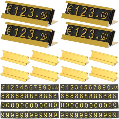 FONDOTIN 16 Set Cubi Prezzo Regolabili in Oro per Esposizione Gioielli Blocchi Numerici e Lettere per Cartellini Prezzi Negozio Portaprezzi Resistenti e Facili da Pulire per Anelli