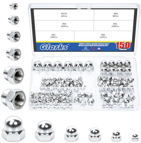 Glarks 150pcs M3/M4/M5/M6/M8/M10 Kohlenstoffstahl Eichel Cap-Muttern-Kit, Vernickelte Hex-Kuppelmutter, Eichel Hex Cap-Kuppelkopfmutter, Kuppelkronenmutter zum Schutz von Schrauben, Möbel, Automobil