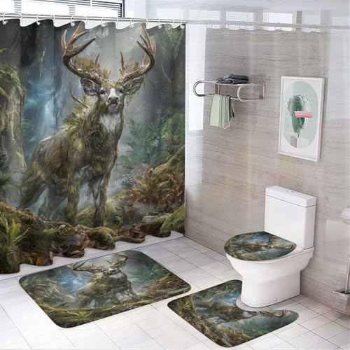 peiyeety 4PcsWhite Tailed Deer Fern Rock Shower Curtain 72W X 72L, Toilet Lid Cover Non-Slip Rugs and U-Shaped Mat, Mystical Waterfall Green Bathroom Decor Set with 12 Hooks