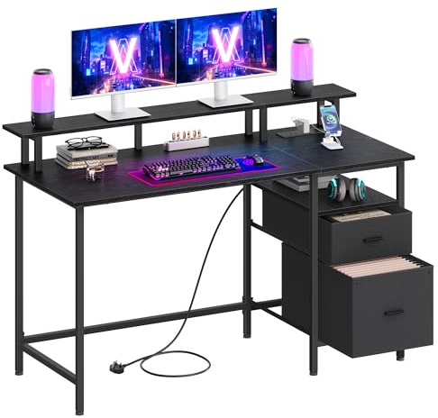 VASAGLE Gaming Desk with Power Strip, Computer Study Desk with Monitor Stand, Table with Storage, Fabric Drawers, 2 USB Ports, for Home Office, 140 x 60 cm, Ebony Black LWD094B01V1