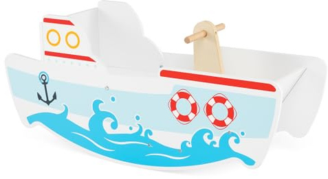 COSTWAY Kids Rocking Boat, Nautical-Themed Wooden Rocking Ship Toy with 40° Swing Range, Birch Wood Handles, Wide Seat & Backrest, Indoor Toddler Rocker Riding Boat for 1-5 Years Old