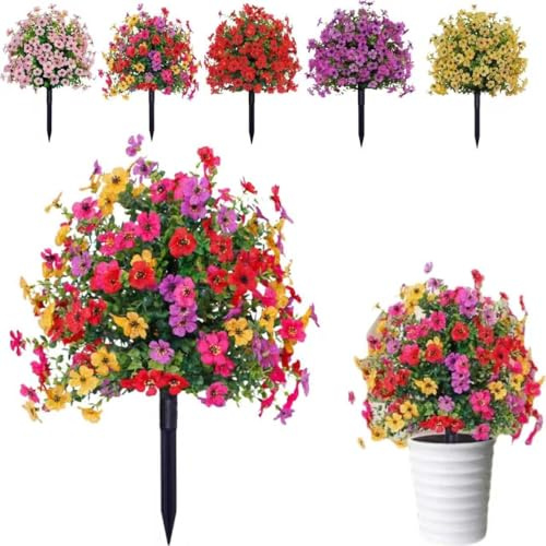 Fiori artificiali per esterni con paletti da terra, piante artificiali a punta resistenti ai raggi UV da 23,5 pollici, arbusti artificiali a forma di palla di bosso con inserto a terra per decorazione