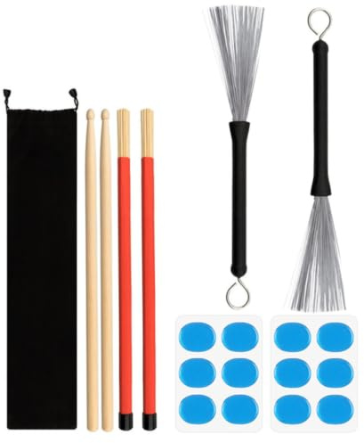 HINTRMENT Drum Brushes Set with Metal and Bamboo Handles, Smooth Surface and Comfortable Grip, Includes Drum Dampeners and Cloth Bag, for Experienced Players and New Drummers in Percussion
