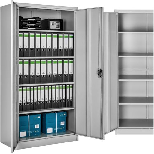 TecTake® Armadio Porte Battenti con 2 Ante e 5 Ripiani, Mobile con Serratura Chiave, Armadietto Ufficio in Metallo, Mobili Ufficio, Archivio - Grigio