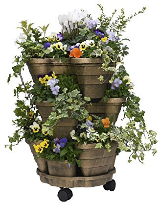 Garden Grow Outdoor Planter 3 Tiered Plant Pot Self Watering with Wheels Bronze Effect