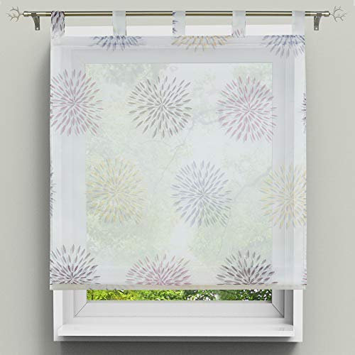 HongYa Raffrollo mit Kreismuster Transparenter Voile Gardine mit Schlaufen Küche Kleinfenster H/B 140/100 cm weiß/bunt