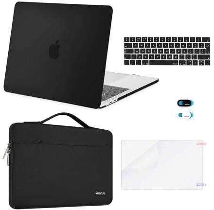 MOSISO Hülle Kompatibel mit MacBook Pro 13 Zoll M2 M1 2025-2016 A2338 A2289 A2251 A2159 A1989 A1706 A1708,Hartschalenhülle&Tasche&Tastaturschutz&Webcam-Abdeckung&Displayschutzfolie,Schwarz